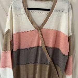 Striped V-Neck Sweater - Pink, Gray, Tan, Cream